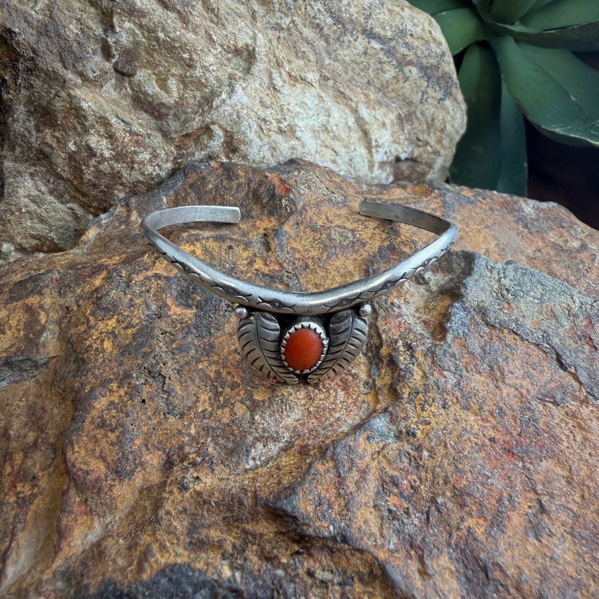 Vintage - Sterling Silver Coral Double Feather Cuff Bracelet unknown artist - Estate
