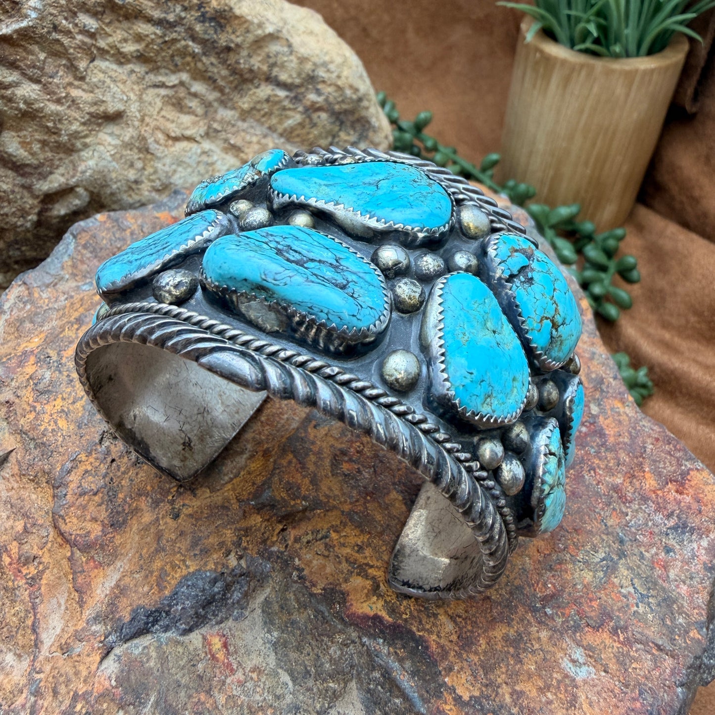Vintage Turquoise Cluster Cuff Bracelet by Delores Paul Yazzie — Estate