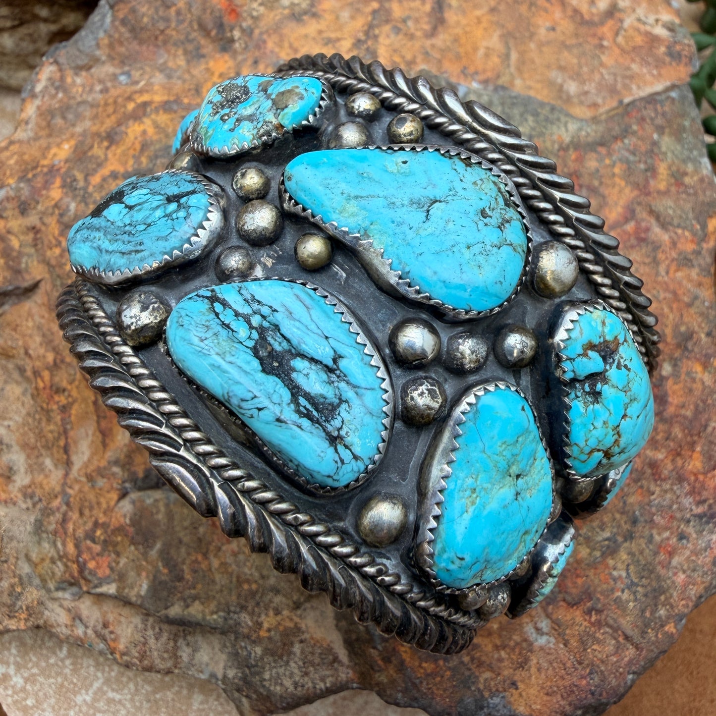 Vintage Turquoise Cluster Cuff Bracelet by Delores Paul Yazzie — Estate