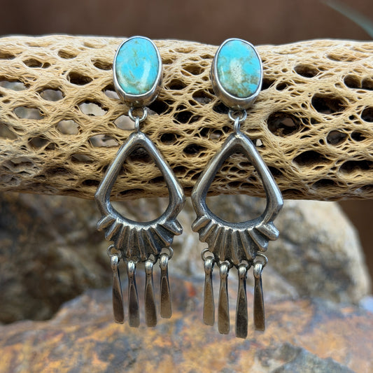 Turquoise Sterling Silver Chandelier Post Earrings by Mike Platero - styled on cholla cactus showing turquoise post top and open teardrop frame with silver dangles