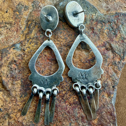 Turquoise Sterling Silver Chandelier Post Earrings by Mike Platero - reverse showing MP Sterling hallmark stamp on teardrop frame