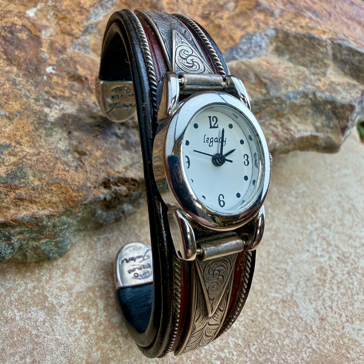 Vintage Sterling Silver & Leather Watch Cuff — Estate