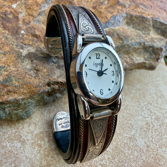 Vintage Sterling Silver & Leather Watch Cuff — Estate