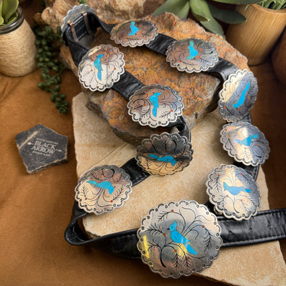 Vintage Jacob Livingston Turquoise Cardinal Inlay Concha Belt 36" | Estate Navajo | Black Arrow Gallery