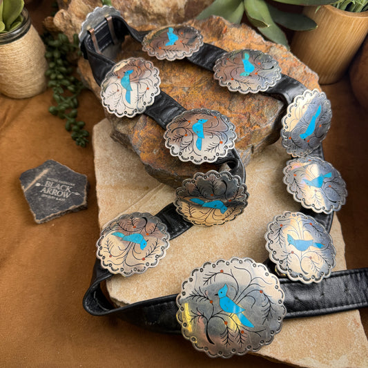 Vintage Jacob Livingston Turquoise Cardinal Inlay Concha Belt 36" | Estate Navajo | Black Arrow Gallery