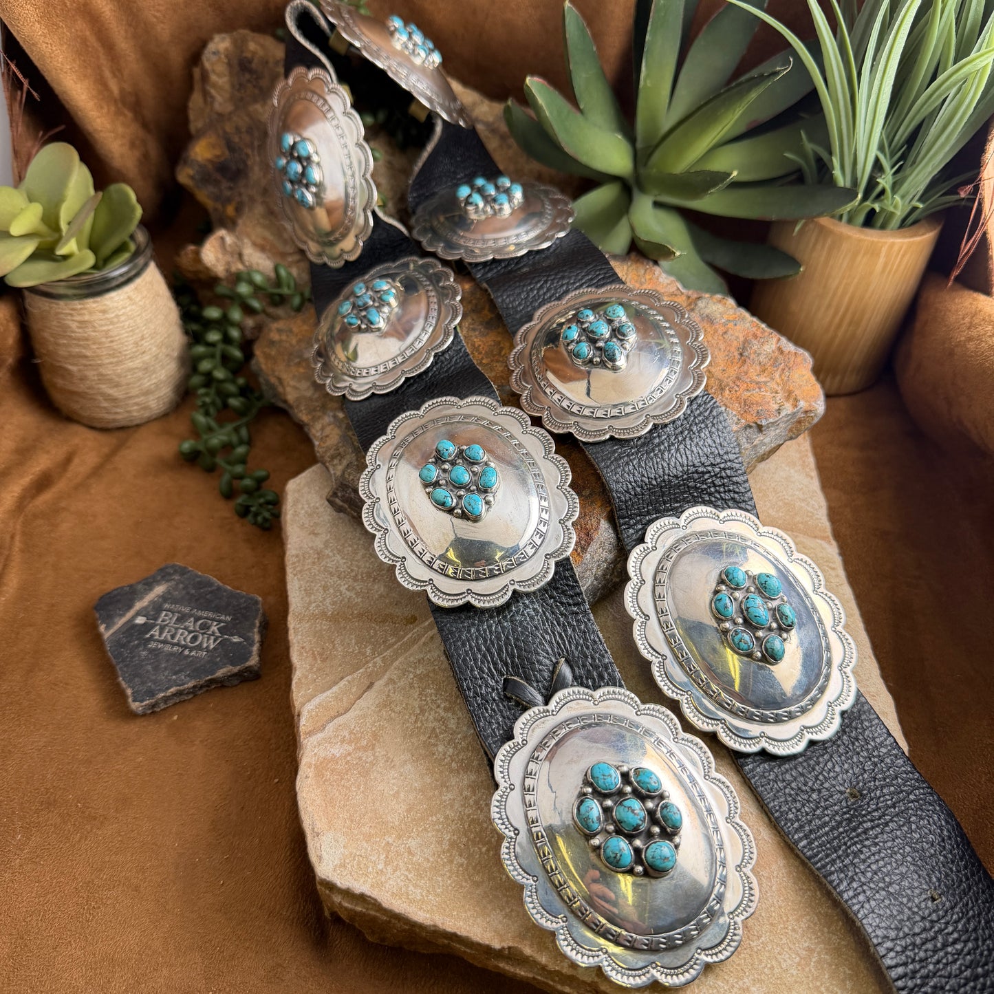 Vintage Native American Turquoise Cluster Concha Belt 34" | Estate | Black Arrow Gallery