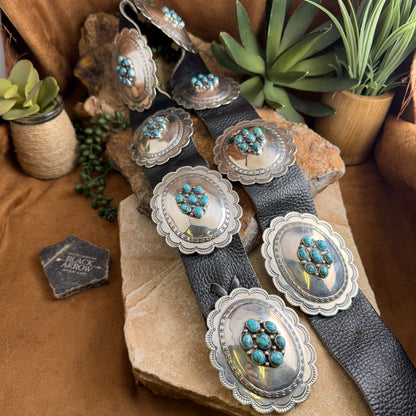 Vintage Native American Turquoise Cluster Concha Belt 34" | Estate | Black Arrow Gallery