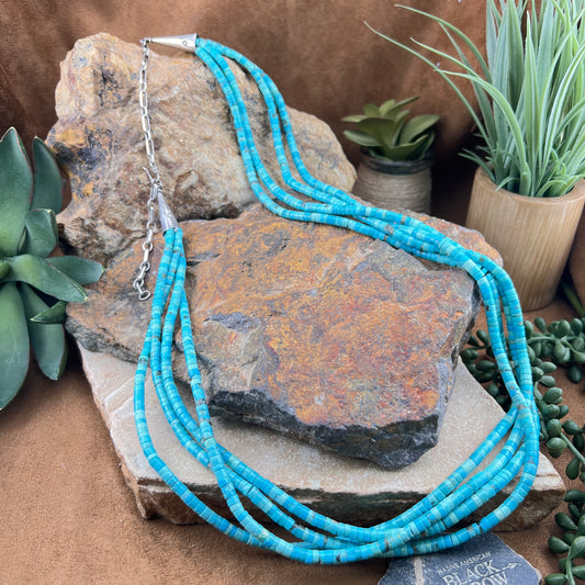 Turquoise beaded necklace on a rock with plants in the background