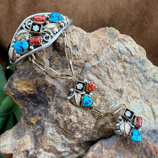 Vintage - Turquoise, Coral & CZ Hand Chain by Harry B. Yazzie - Estate