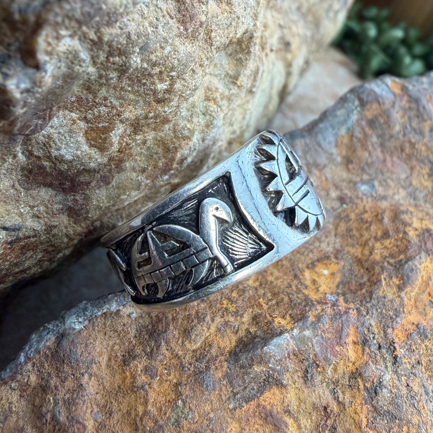 Vintage - Hopi Sun Face & Turtle Overlay Ring by Charleston Lewis - Size 11.75 - Estate