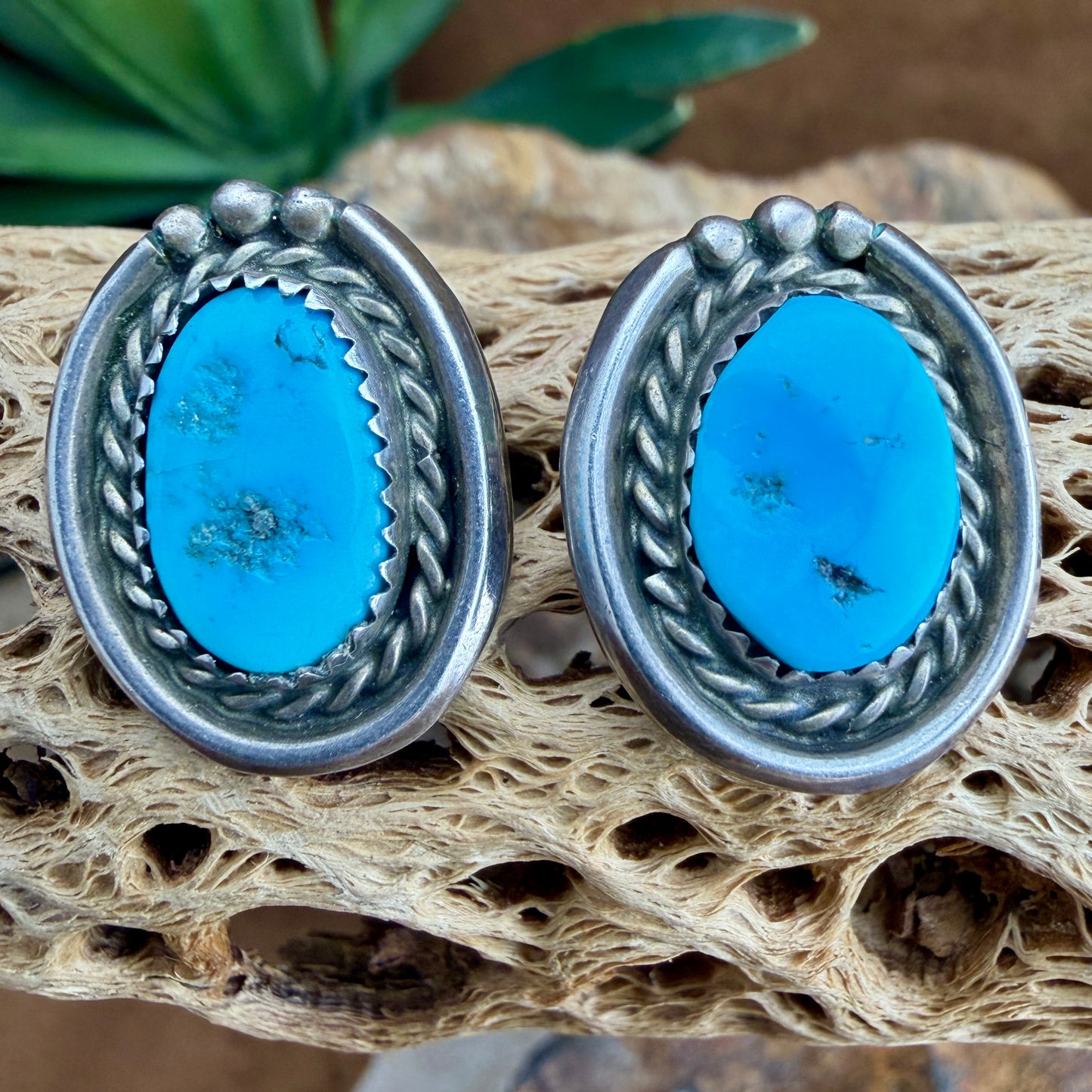 Vintage Turquoise Sterling Silver Post Earrings - Estate