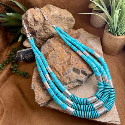 Vintage Turquoise & Sterling Silver 3-Strand Necklace — Estate