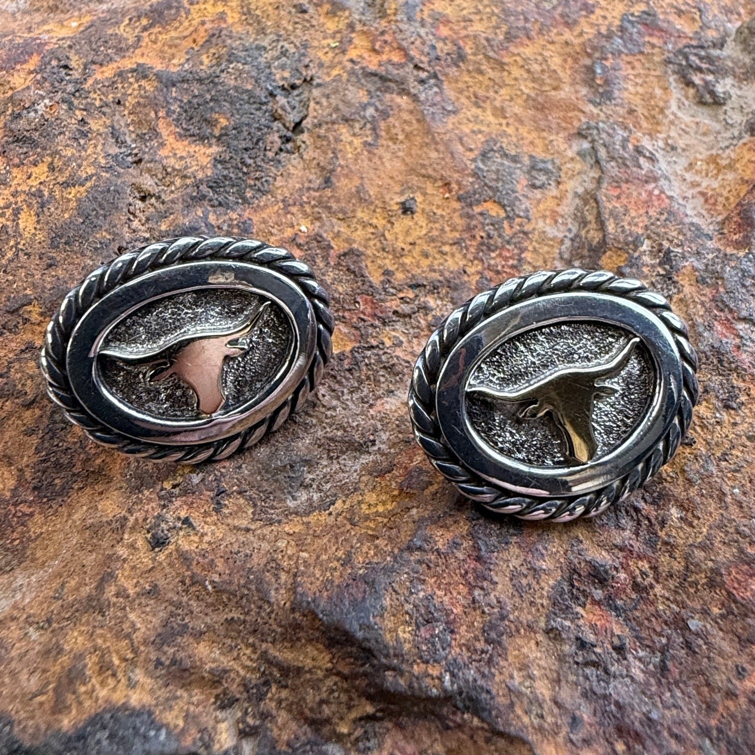 A pair of oval stud earrings with a twisted rope border, featuring a gold-toned steer head emblem on an antiqued silver-toned background, displayed on a textured tan branch with a blurred natural rock background.