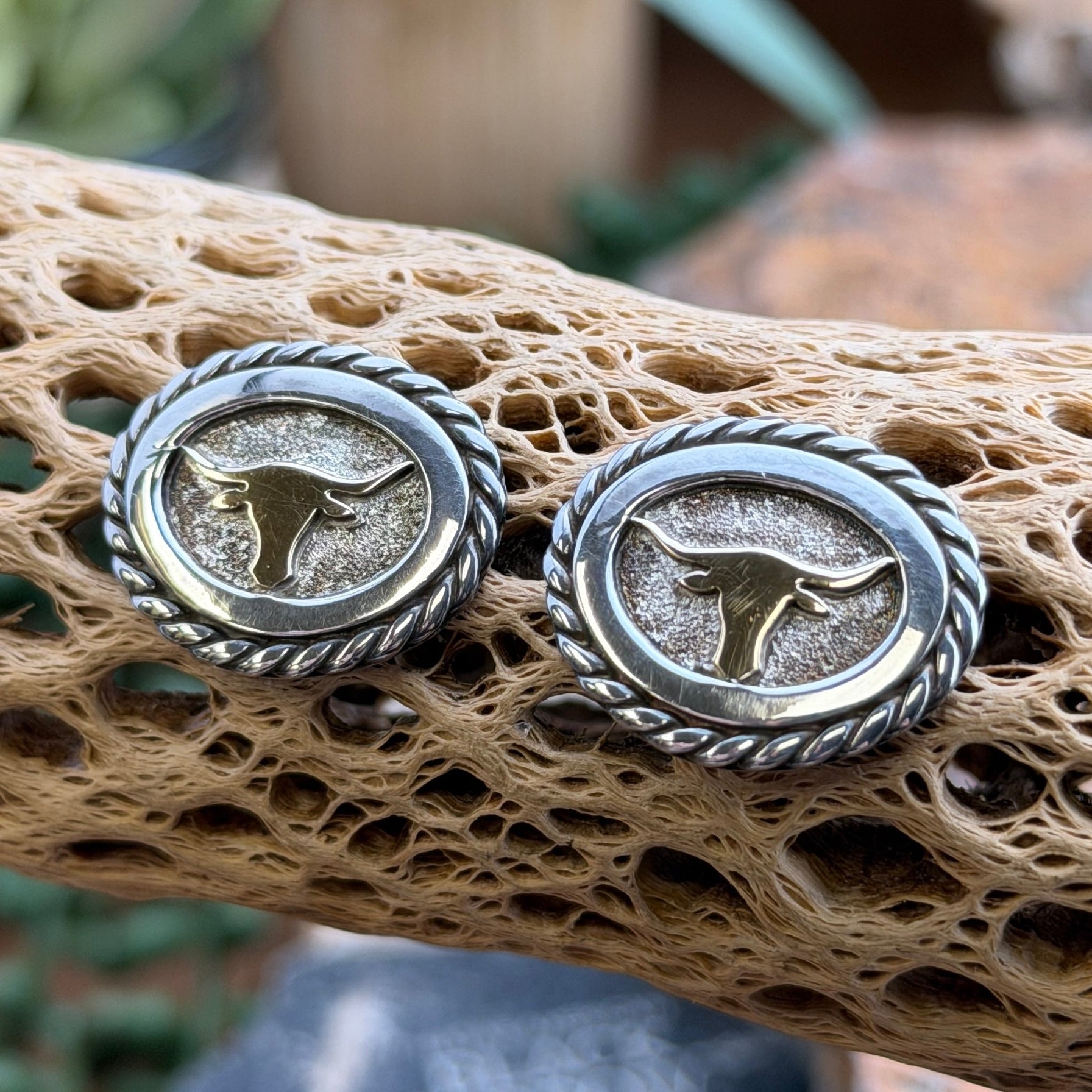 A pair of oval stud earrings with a twisted rope border, featuring a gold-toned steer head emblem on an antiqued silver-toned background, displayed on a textured tan branch with a blurred natural rock background.