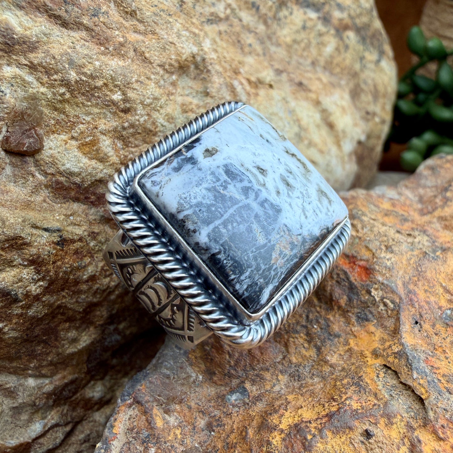 Silver ring with a black and white stone on a rock background