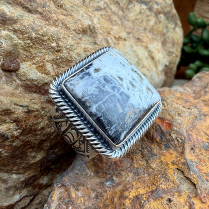 Silver ring with a black and white stone on a rock background