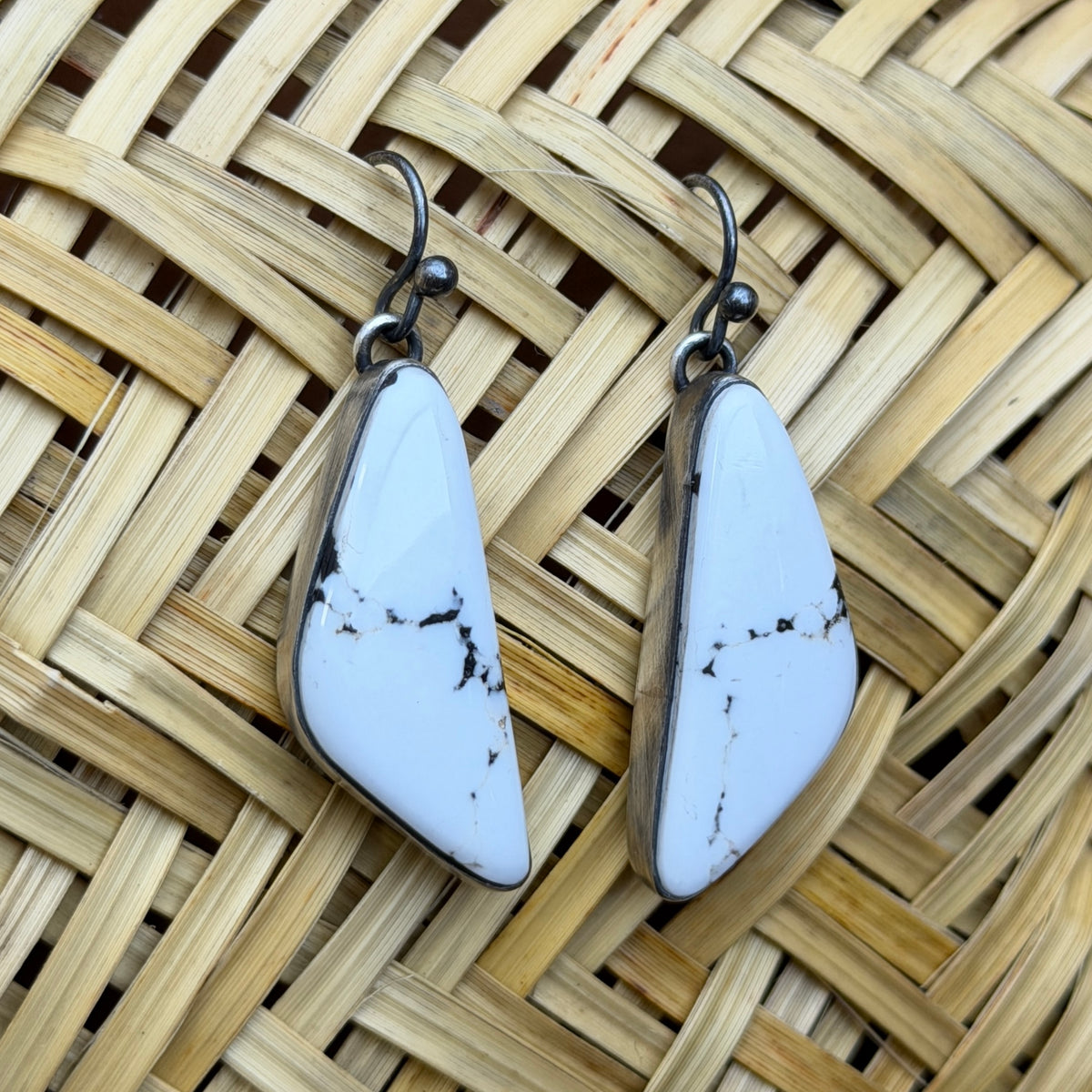 Sterling Silver White Buffalo Curved Dangle Earrings by Loretta Delgarito
