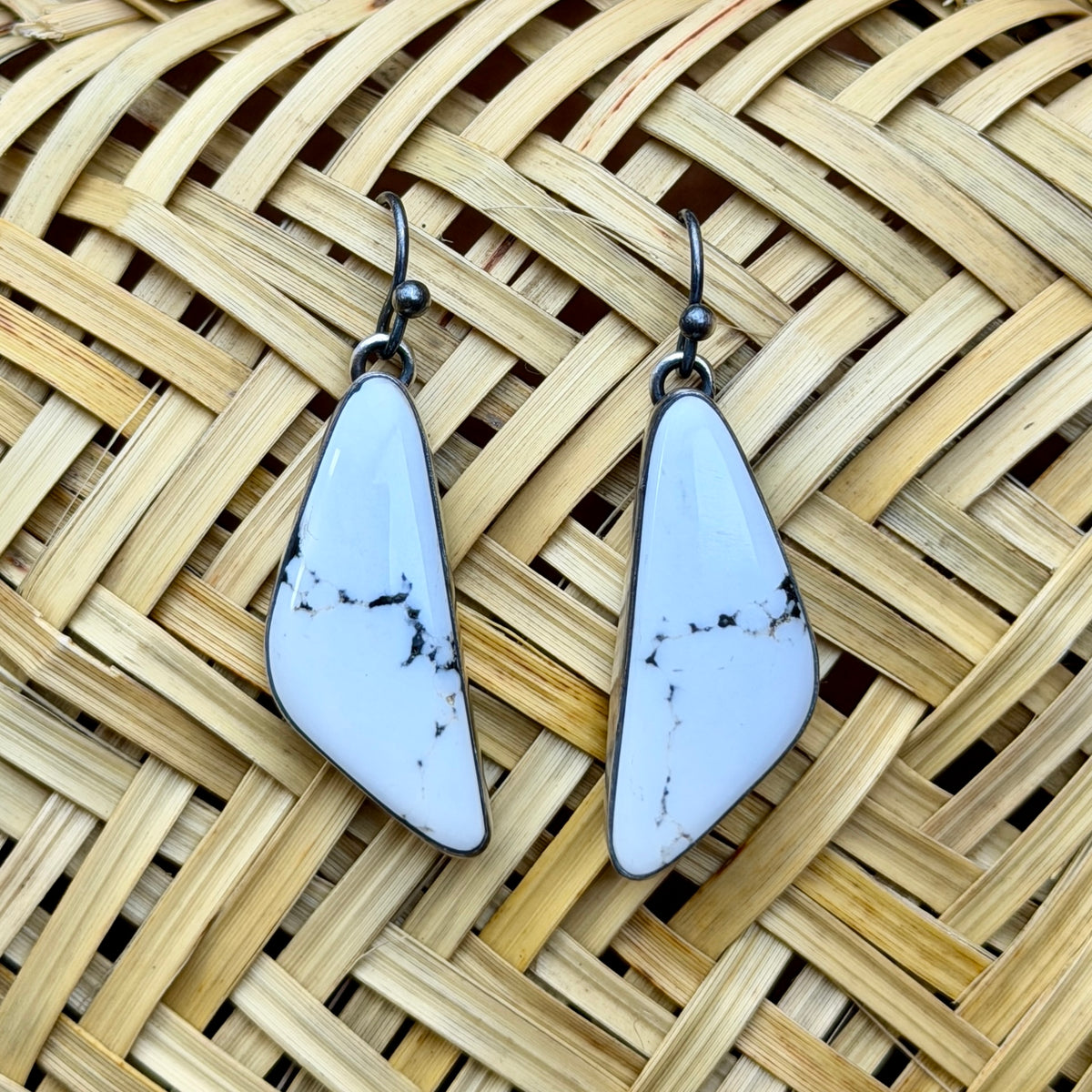Sterling Silver White Buffalo Curved Dangle Earrings by Loretta Delgarito