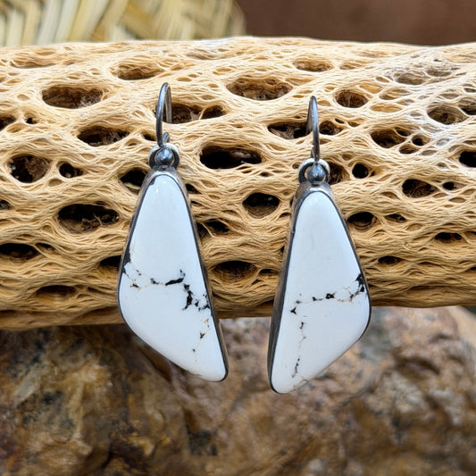 Sterling Silver White Buffalo Curved Dangle Earrings by Loretta Delgarito