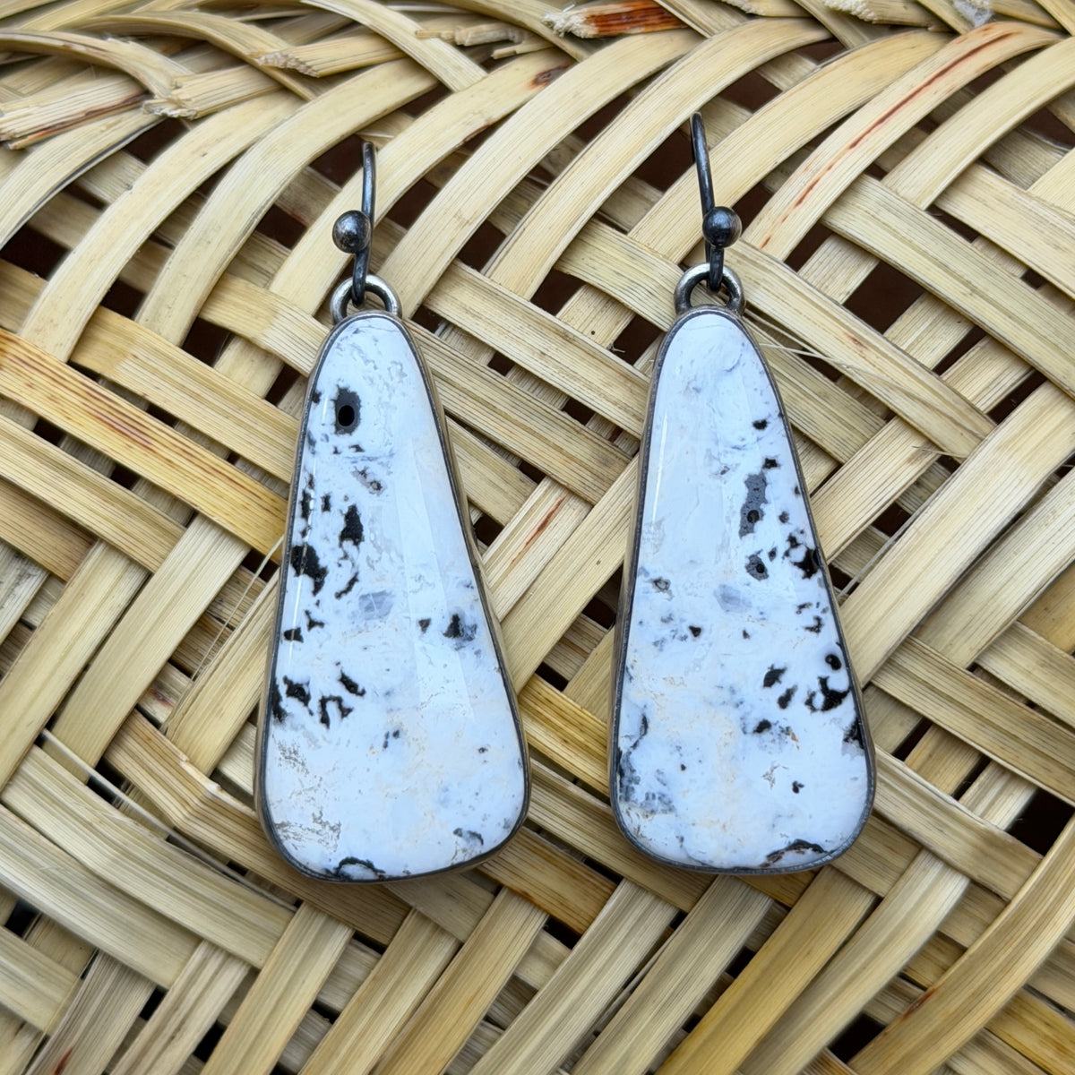 Sterling Silver White Buffalo Triangular Dangle Earrings by Loretta Delgarito