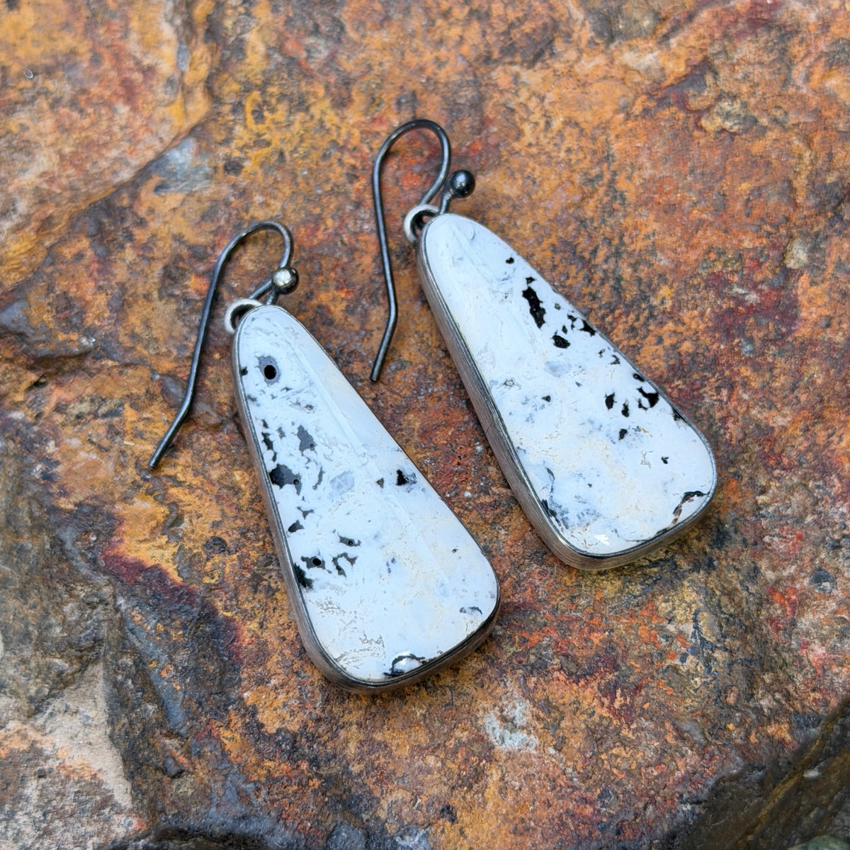 Sterling Silver White Buffalo Triangular Dangle Earrings by Loretta Delgarito