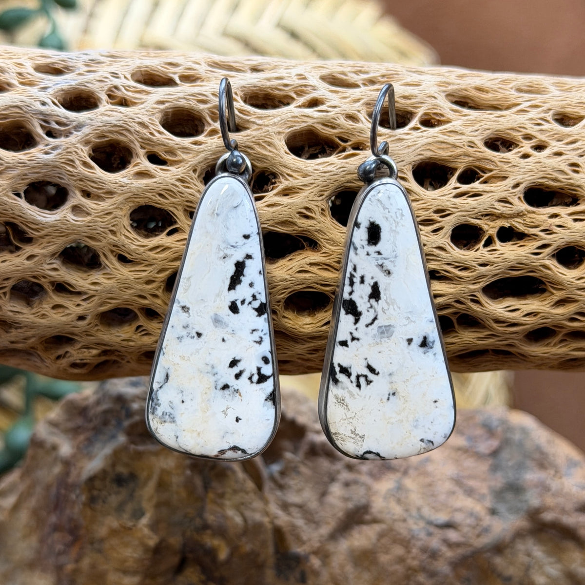 Sterling Silver White Buffalo Triangular Dangle Earrings by Loretta Delgarito