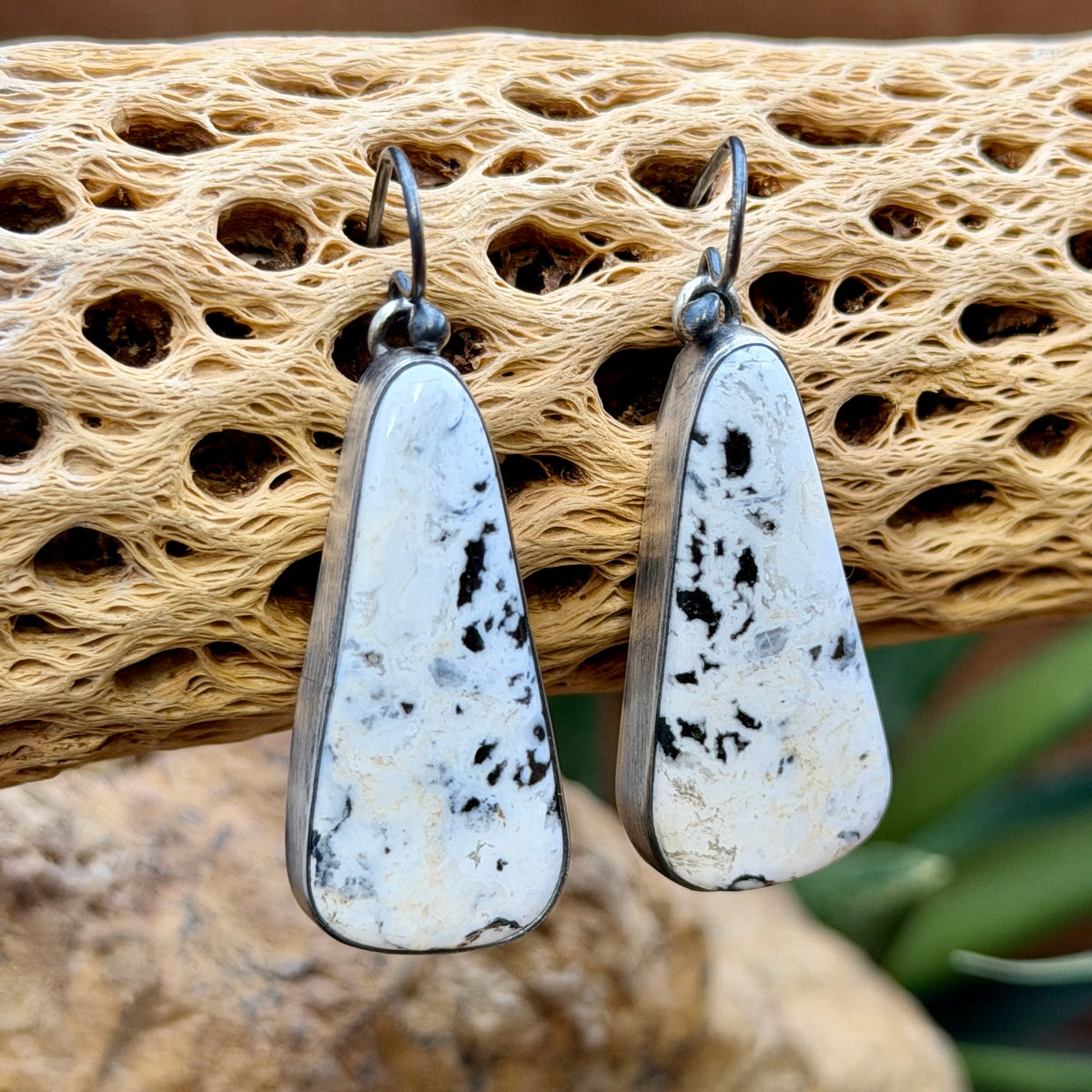 Sterling Silver White Buffalo Triangular Dangle Earrings by Loretta Delgarito