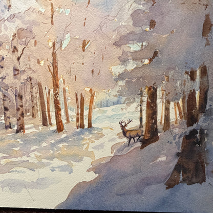 Winter forest scene with a deer, painted in watercolor.