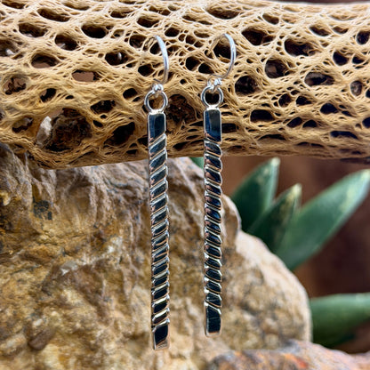 elongated rectangle earrings with diagonal geometric line pattern by artie yellowhorse hanging from a piece of driftwood