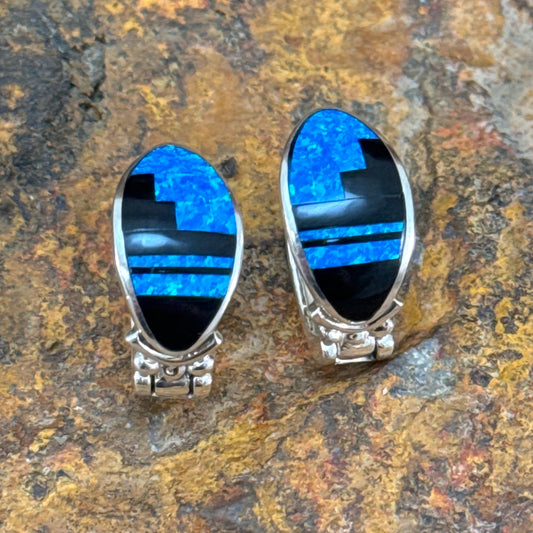 David Rosales Black Beauty Fancy Inlaid Sterling Silver Earrings Huggie