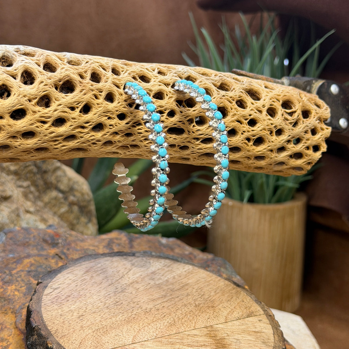 Round turquoise cabochons in Marlon Quam silver hoop earrings