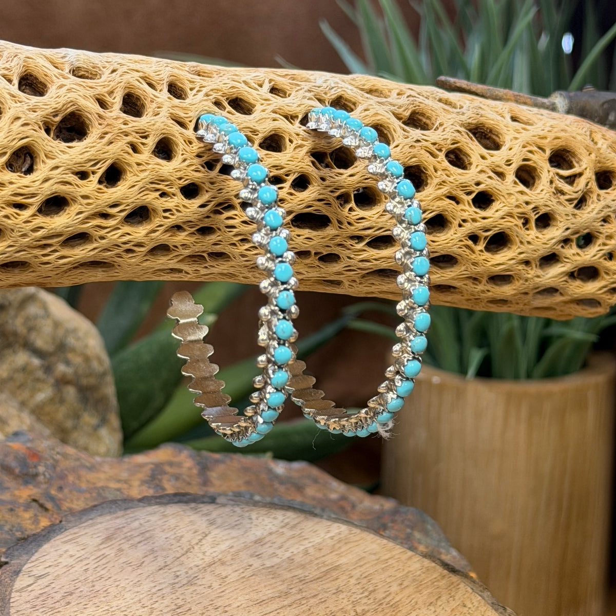 Sleeping Beauty turquoise hoop earrings by Marlon Quam, detail view