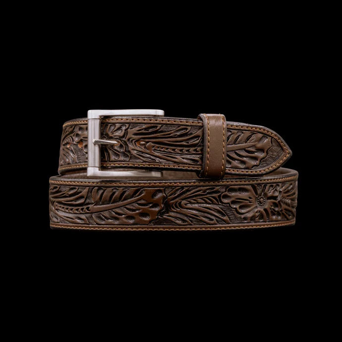 Chocolate Sheridan Floral Hand Tooled Leather Belt Strap