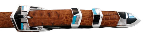 David Rosales Jade, Turquoise & Pearl 1" Inlaid Ranger Belt Buckle