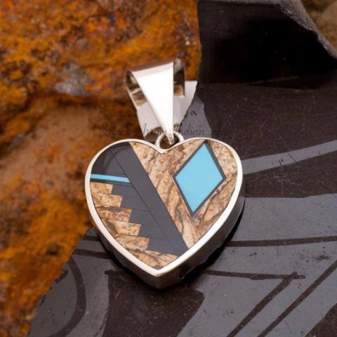 David Rosales Turquoise Creek Inlaid Sterling Silver Pendant Heart