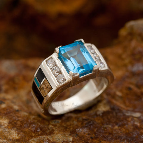 David Rosales Turquoise Creek Inlaid Sterling Silver Ring w/ Blue Topaz