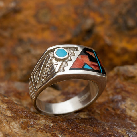 David Rosales Red Canyon Inlaid Sterling Silver Ring Men's Blue Moon Rising