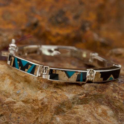 David Rosales Turquoise Creek Fancy Inlaid Sterling Silver Big Link Bracelet