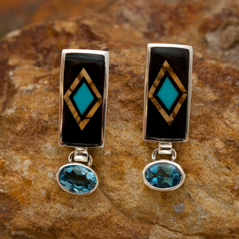 David Rosales Turquoise Creek Inlaid Sterling Silver Earrings w Blue Topaz