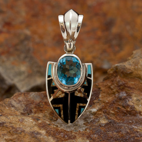 David Rosales Turquoise Creek Fancy Inlaid Sterling Silver Pendant w/ Blue Topaz