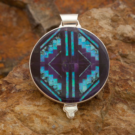 David Rosales Shalako Fancy Inlaid Sterling Silver Pendant Two-Sided