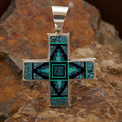 David Rosales Shalako Fancy Inlaid Sterling Silver Pendant Two-Sided Cross