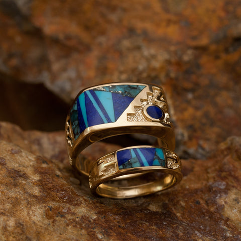 David Rosales Couples' Set Blue Mountain Inlaid 14K Gold Rings