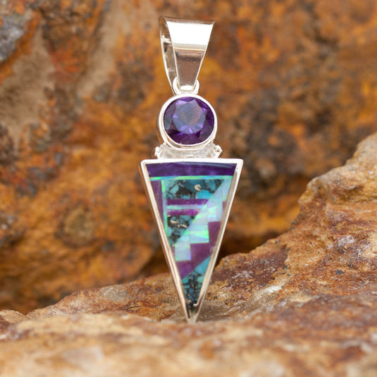 David Rosales Shalako Fancy Inlaid Sterling Silver Pendant w Amethyst
