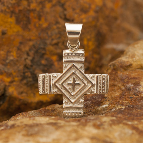 David Rosales Red Canyon Inlaid Sterling Silver Pendant Two-Sided Cross