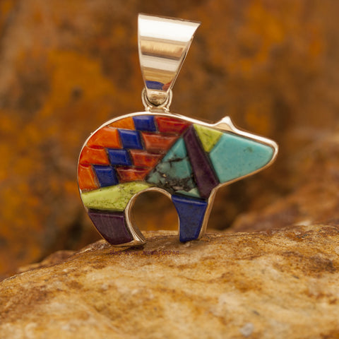 David Rosales Indian Summer Cobble Inlaid Sterling Silver Pendant Bear