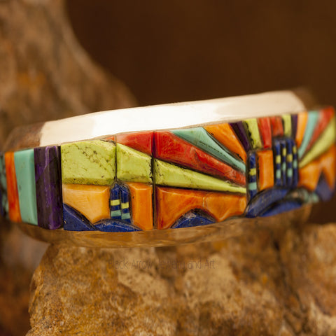 David Rosales Indian Summer Pueblo Inlaid Sterling Silver Bracelet