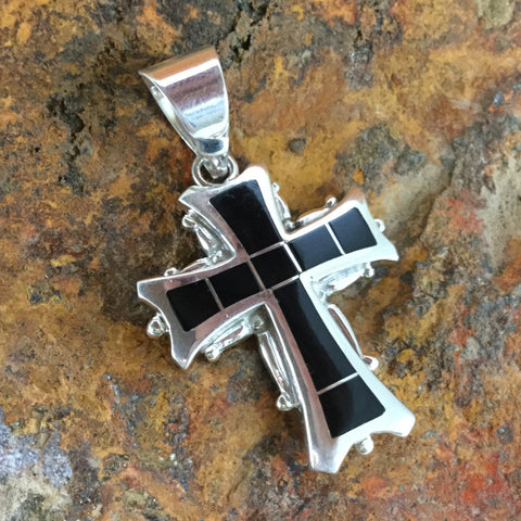 David Rosales Black Jade Inlaid Sterling Silver Pendant Cross