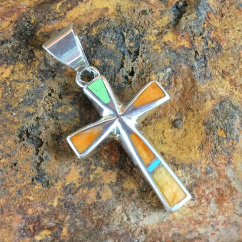 David Rosales Sunrise Inlaid Sterling Silver Pendant Cross