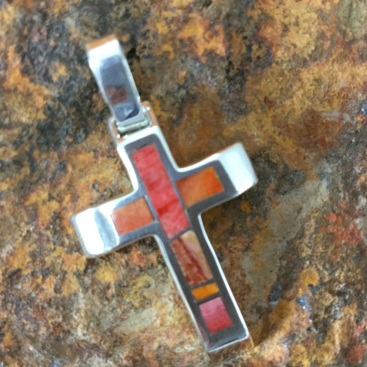 David Rosales Desert Fire Inlaid Sterling Silver Pendant Cross